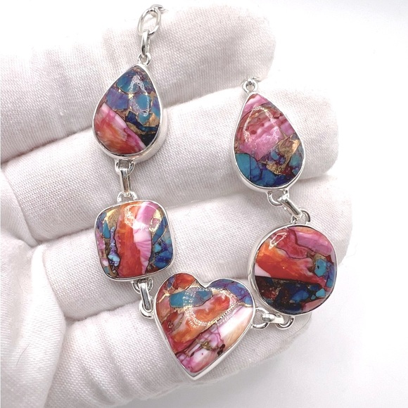 Pink Oyster Turquoise .925 Sterling Silver Bracelet - Picture 4 of 17
